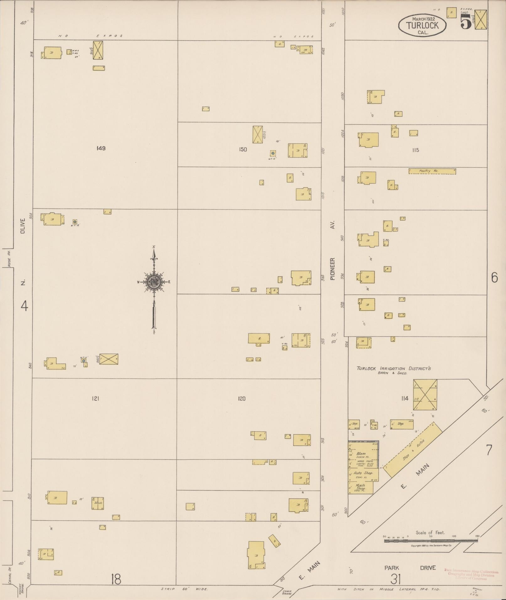Sanborn Fire Insurance Map from Turlock, Stanislaus County, California (1922), Sheet #0005 - Complete Map Set gallery image, historic Sanborn map, vintage wall art, California California