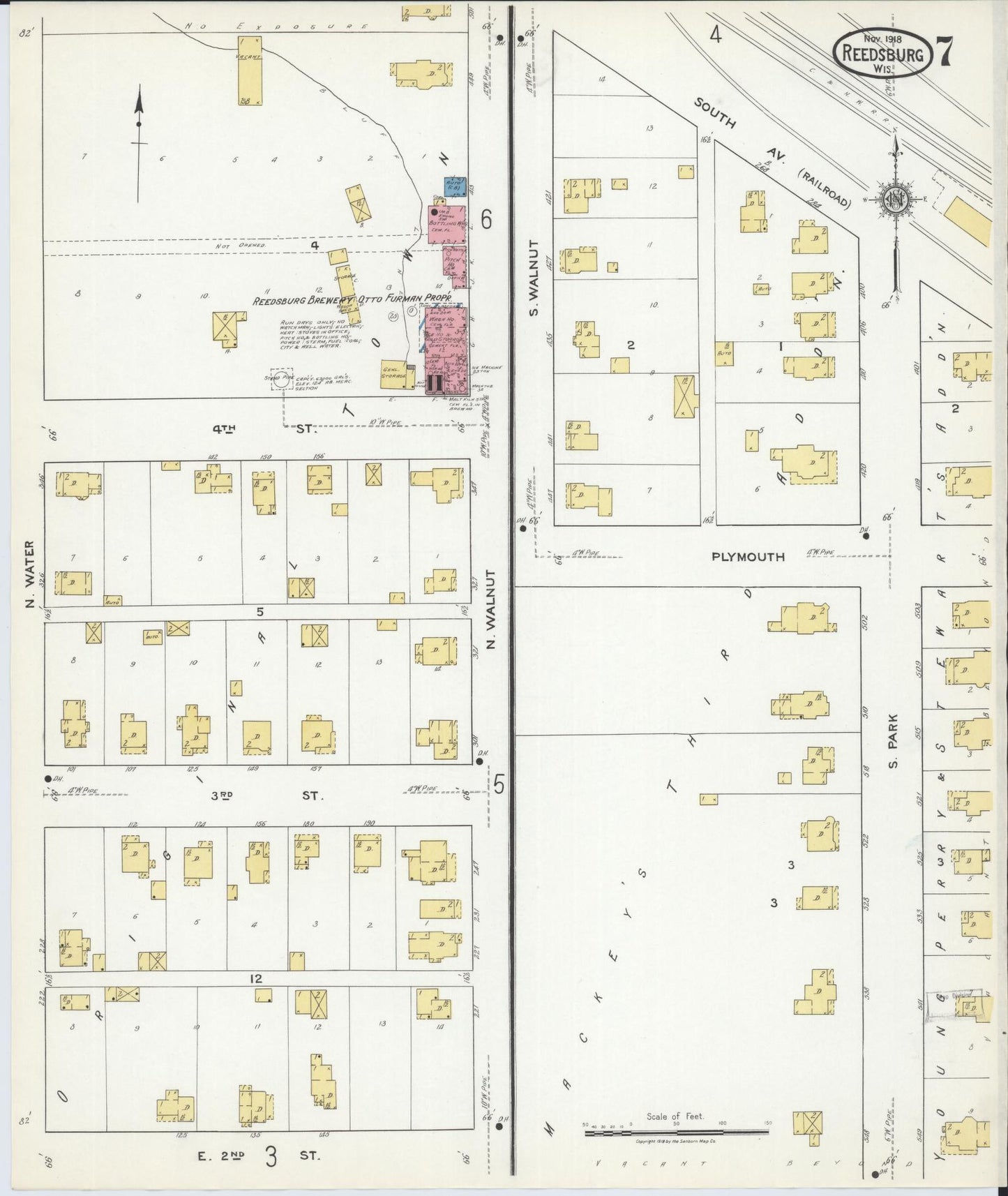 Sanborn Fire Insurance Map from Reedsburg, Sauk County, Wisconsin (1918), Sheet #0007 - Historic Sanborn Fire Insurance Map Print, vintage old map wall art, antique decor, genealogy gift, Wisconsin Wisconsin map