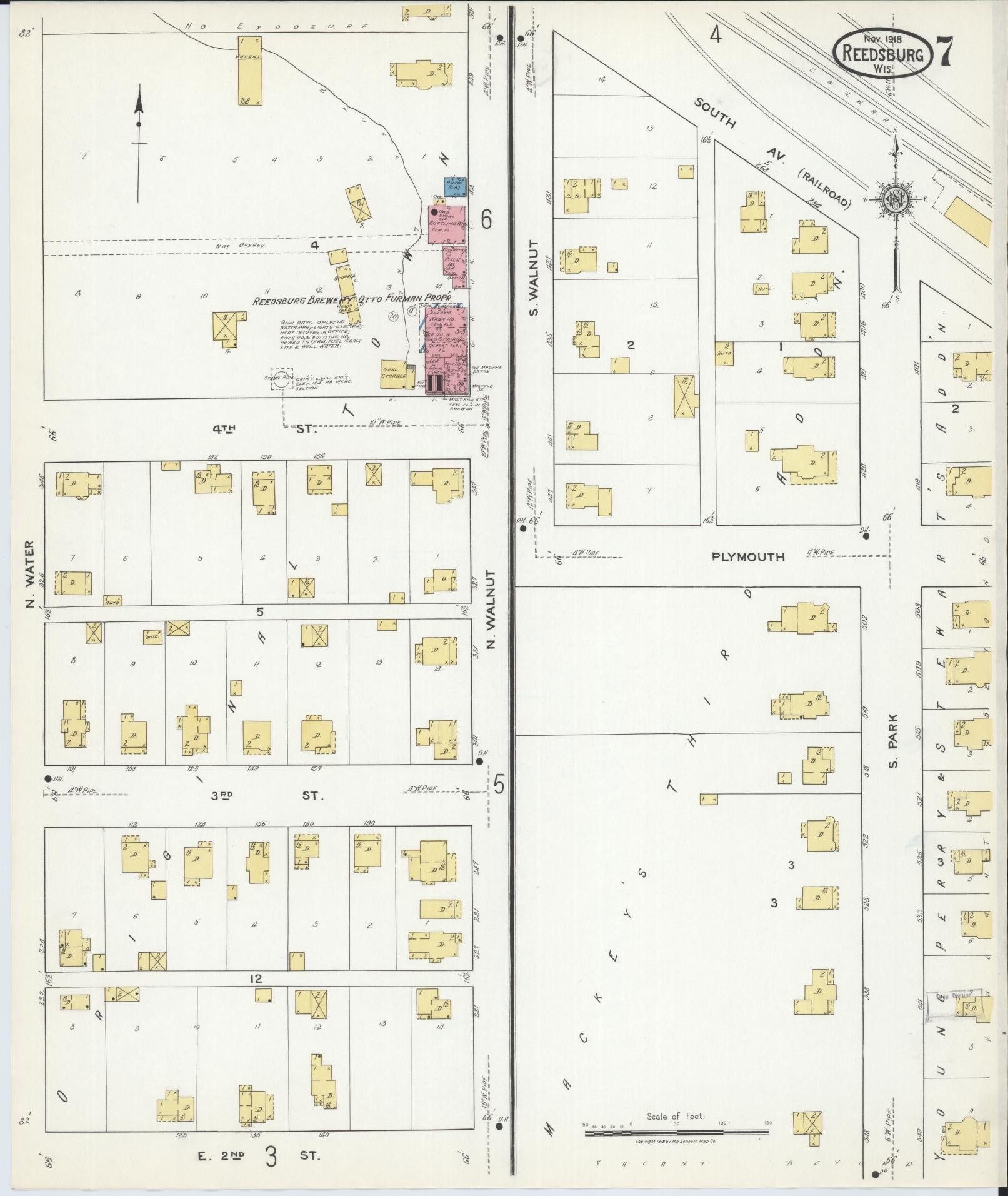 Sanborn Fire Insurance Map from Reedsburg, Sauk County, Wisconsin (1918), Sheet #0007 - Historic Sanborn Fire Insurance Map Print, vintage old map wall art, antique decor, genealogy gift, Wisconsin Wisconsin map