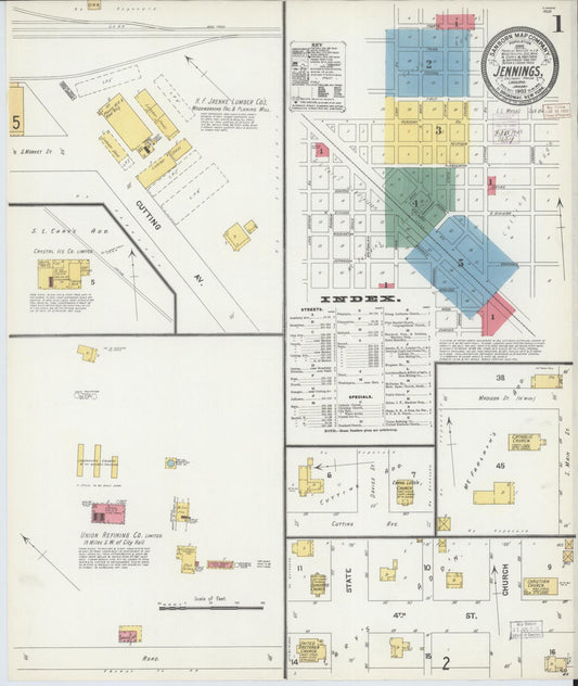 Sanborn Fire Insurance Map from Jennings, Jefferson Davis Parish, Louisiana (1903), Sheet #0001 - Historic Sanborn Fire Insurance Map Print, vintage old map wall art, antique decor, genealogy gift, Louisiana Louisiana map