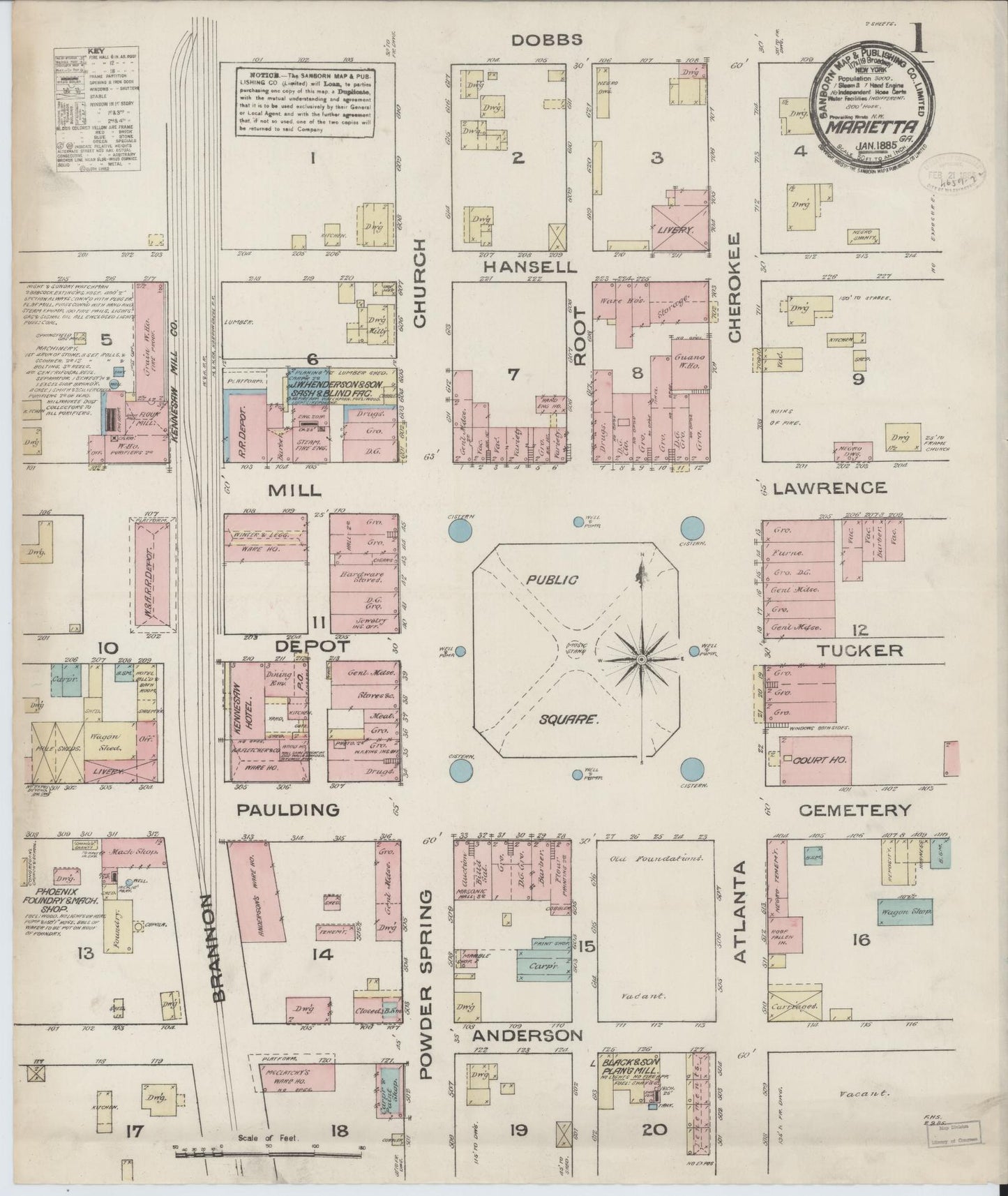 Sanborn Fire Insurance Map from Marietta, Cobb County, Georgia (1885), Sheet #0001 - Historic Sanborn Fire Insurance Map Print, vintage old map wall art, antique decor, genealogy gift, Georgia Georgia map