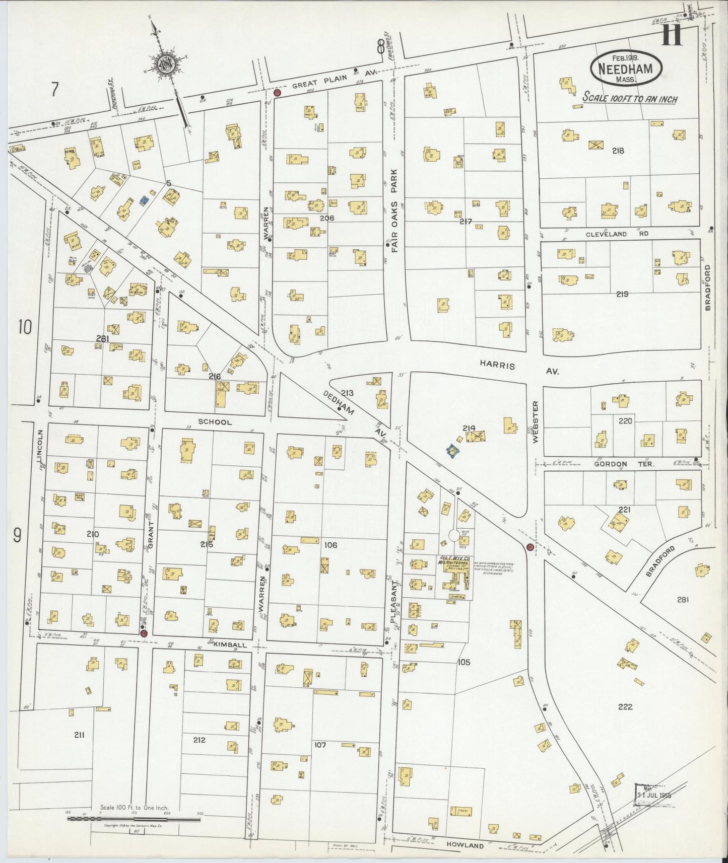 Sanborn Fire Insurance Map from Needham, Norfolk County, Massachusetts (1919), Sheet #0011 - Complete Map Set gallery image, historic Sanborn map, vintage wall art, Massachusetts Massachusetts