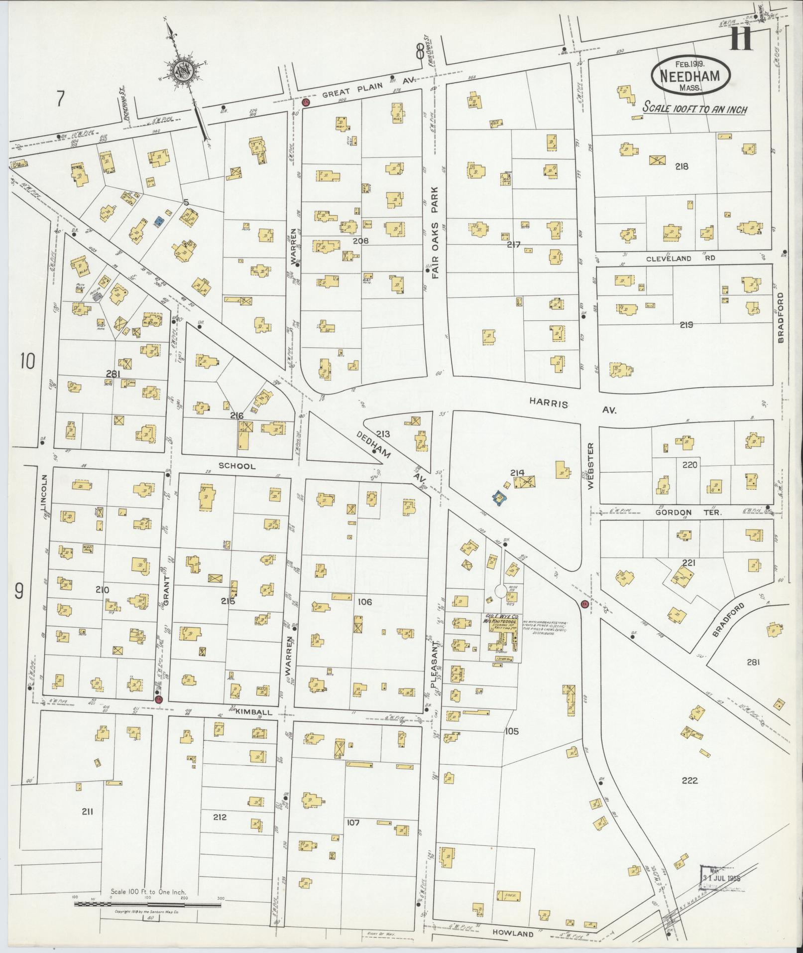 Sanborn Fire Insurance Map from Needham, Norfolk County, Massachusetts (1919), Sheet #0011 - Complete Map Set gallery image, historic Sanborn map, vintage wall art, Massachusetts Massachusetts