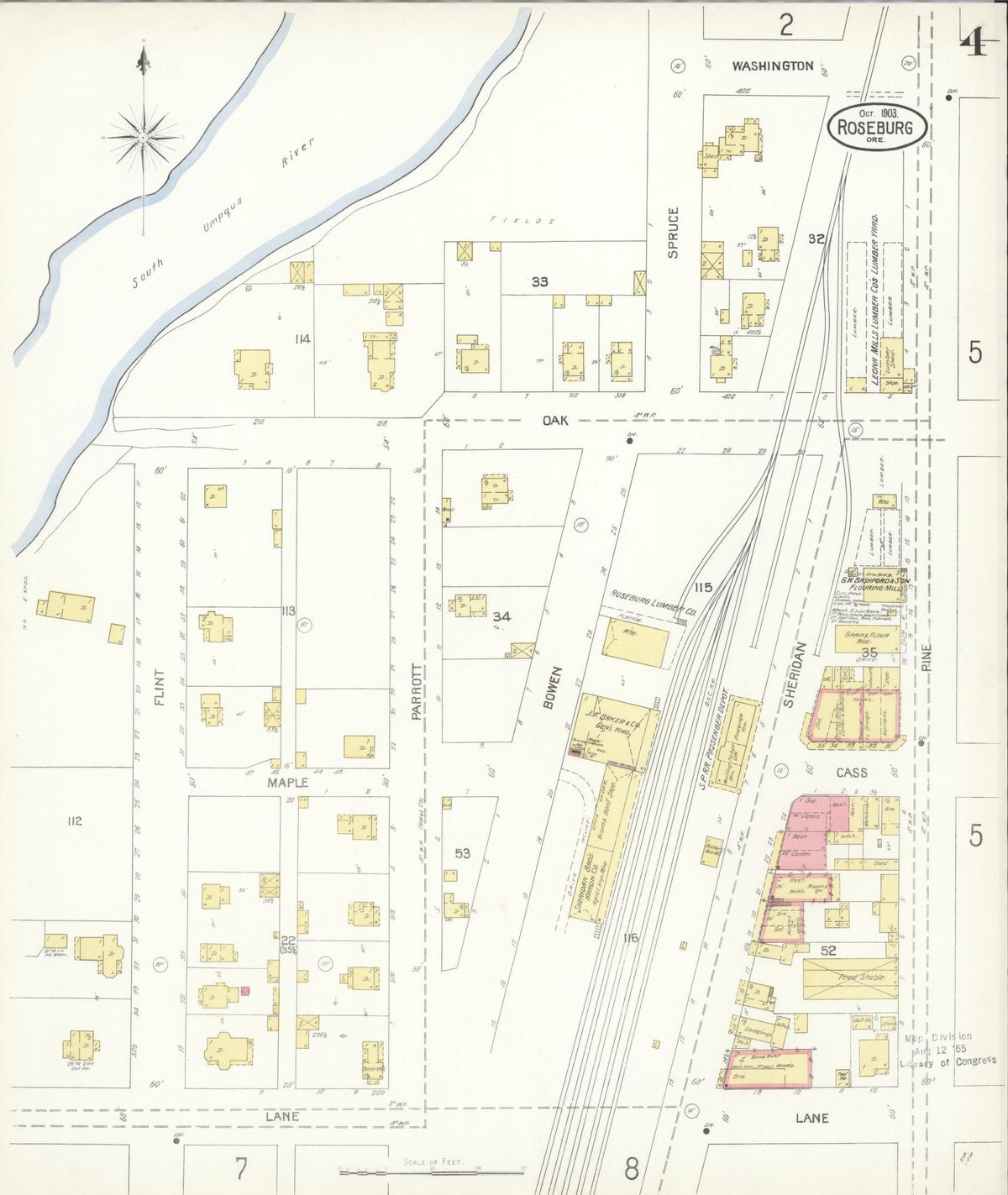 Sanborn Fire Insurance Map from Roseburg, Douglas County, Oregon (1903), Sheet #0004 - Historic Sanborn Fire Insurance Map Print, vintage old map wall art, antique decor, genealogy gift, Oregon Oregon map