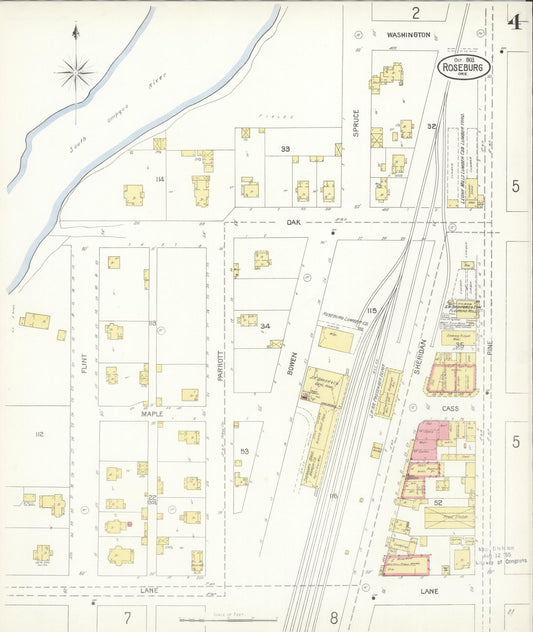 Sanborn Fire Insurance Map from Roseburg, Douglas County, Oregon (1903), Sheet #0004 - Historic Sanborn Fire Insurance Map Print, vintage old map wall art, antique decor, genealogy gift, Oregon Oregon map