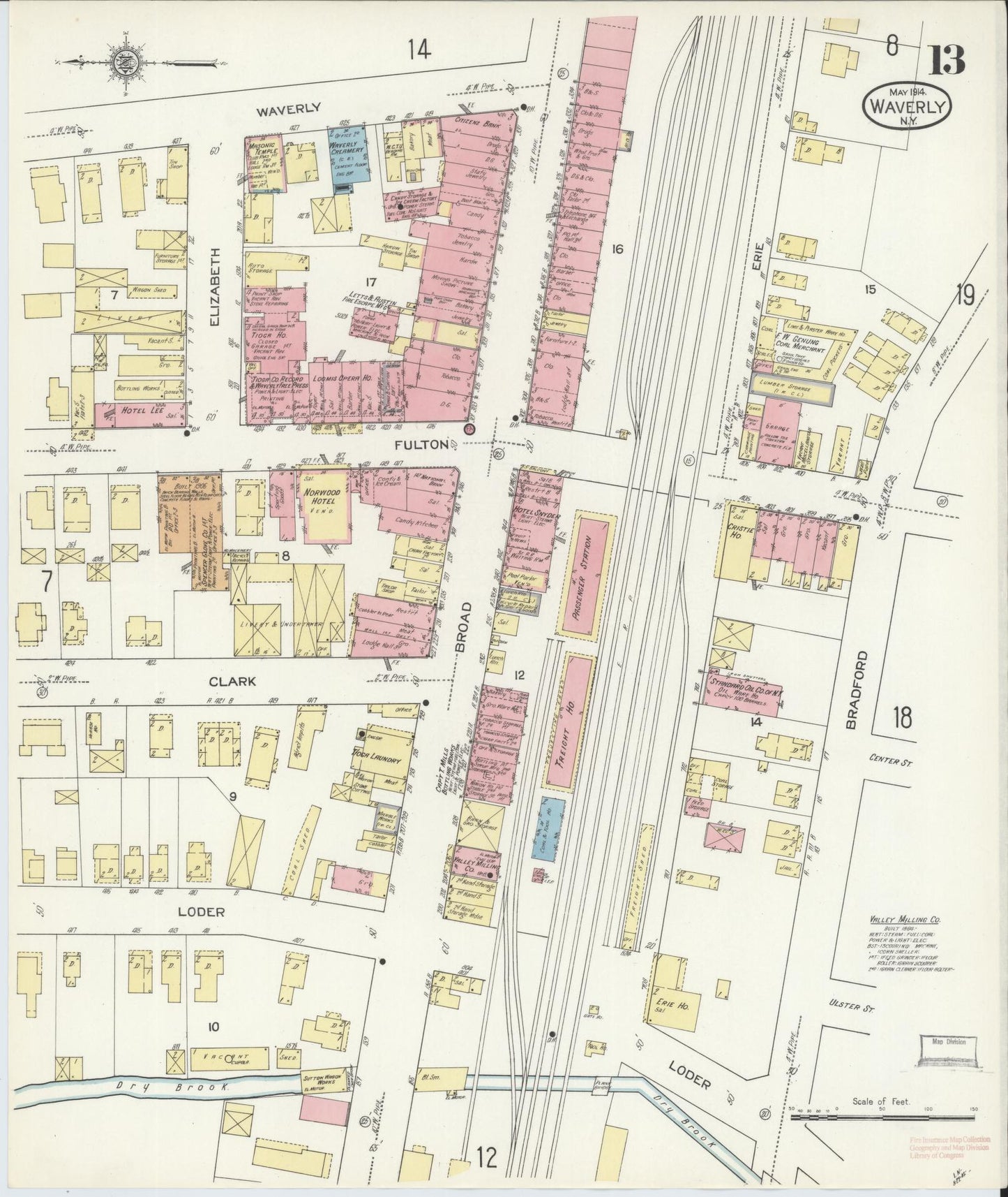 Sanborn Fire Insurance Map from Waverly, Tioga County, New York (1914), Sheet #0013 - Historic Sanborn Fire Insurance Map Print, vintage old map wall art, antique decor, genealogy gift, New York New York map