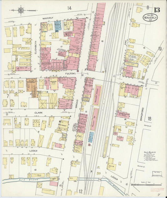 Sanborn Fire Insurance Map from Waverly, Tioga County, New York (1914), Sheet #0013 - Historic Sanborn Fire Insurance Map Print, vintage old map wall art, antique decor, genealogy gift, New York New York map