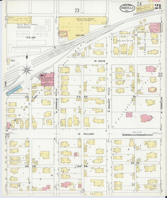Sanborn Fire Insurance Map from Danville, Vermilion County, Illinois (1909), Sheet #0021 - Historic Sanborn Fire Insurance Map Print, vintage old map wall art, antique decor, genealogy gift, Illinois Illinois map