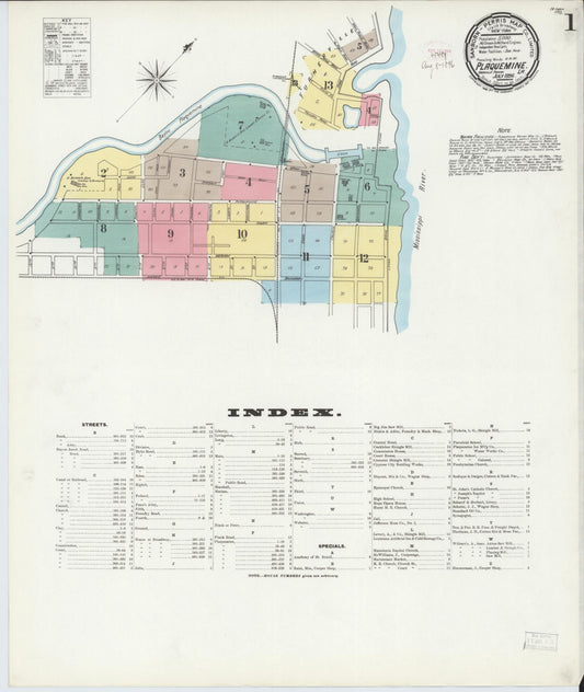 Sanborn Fire Insurance Map from Plaquemine, Iberville Parish, Louisiana (1896), Sheet #0001 - Historic Sanborn Fire Insurance Map Print, vintage old map wall art, antique decor, genealogy gift, Louisiana Louisiana map