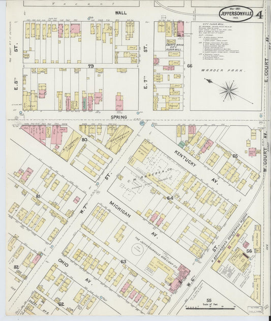 Sanborn Fire Insurance Map from Jeffersonville, Clark County, Indiana (1891), Sheet #0004 - Historic Sanborn Fire Insurance Map Print, vintage old map wall art, antique decor, genealogy gift, Indiana Indiana map