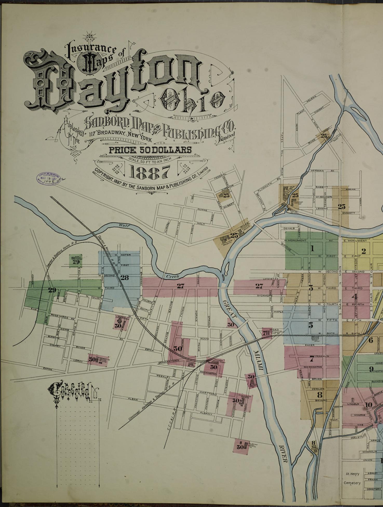 Sanborn Fire Insurance Map from Dayton, Montgomery County, Ohio (1887), Sheet #0001 - Historic Sanborn Fire Insurance Map Print, vintage old map wall art, antique decor, genealogy gift, Ohio Ohio map