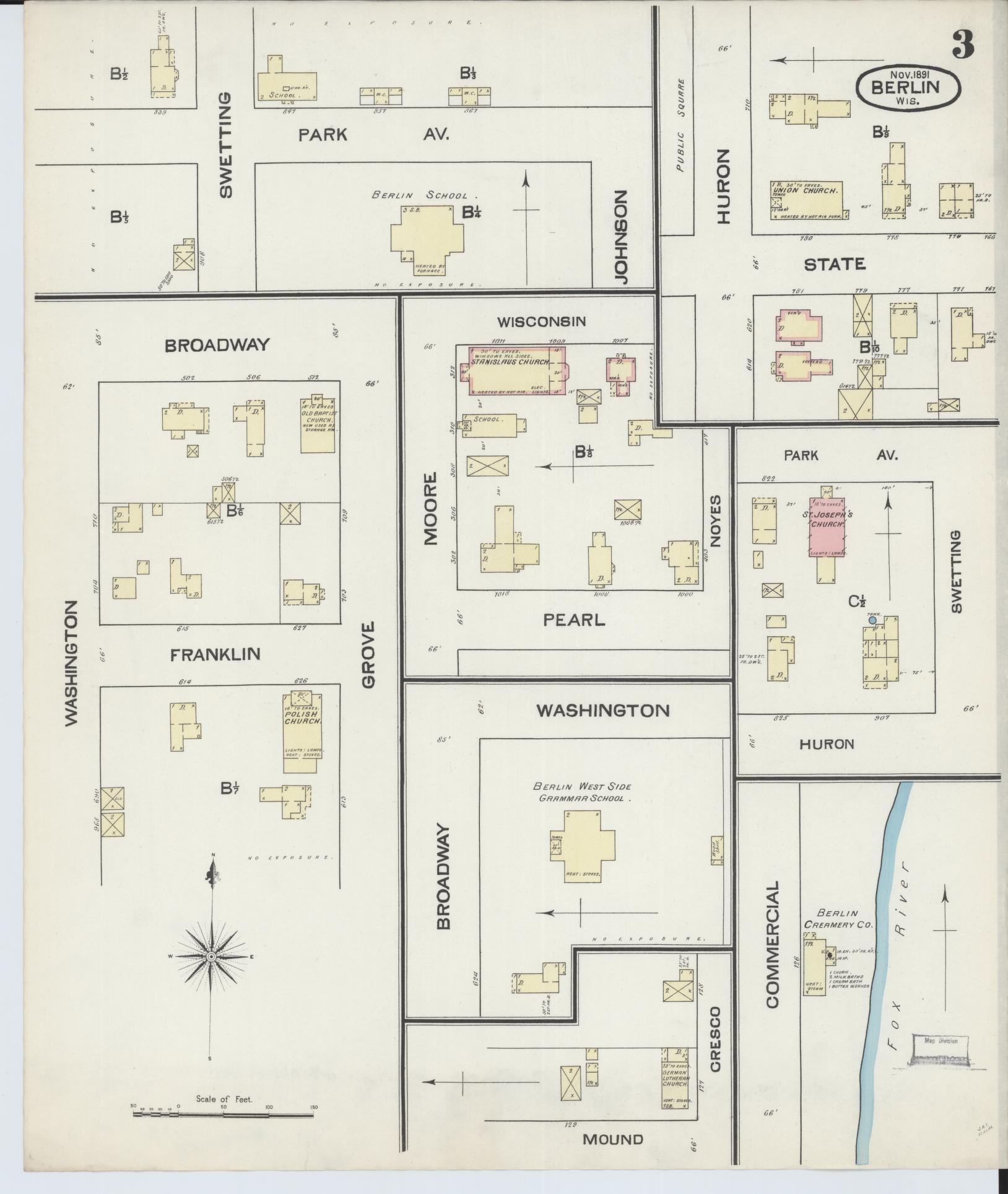 Sanborn Fire Insurance Map from Berlin, Green Lake County, Wisconsin (1891), Sheet #0003 - Complete Map Set gallery image, historic Sanborn map, vintage wall art, Wisconsin Wisconsin