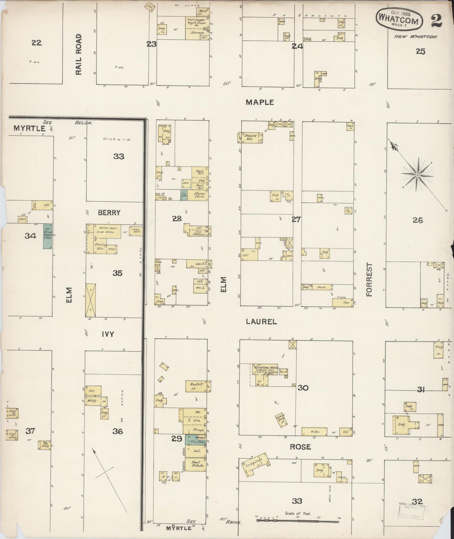 Sanborn Fire Insurance Map from Whatcom, Whatcom County, Washington (1888), Sheet #0003 - Historic Sanborn Fire Insurance Map Print, vintage old map wall art, antique decor, genealogy gift, Washington Washington map