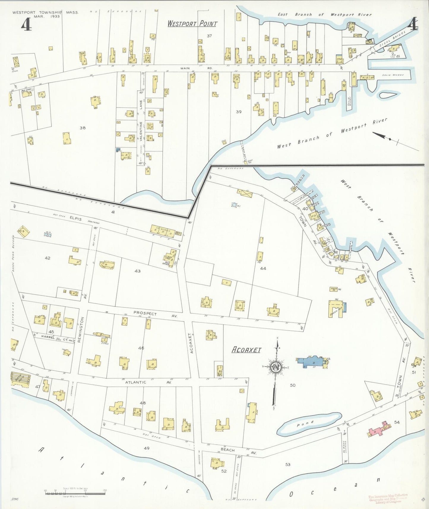 Sanborn Fire Insurance Map from Westport Township, Bristol County, Massachusetts (1933), Sheet #0004 - Complete Map Set gallery image, historic Sanborn map, vintage wall art, Massachusetts Massachusetts