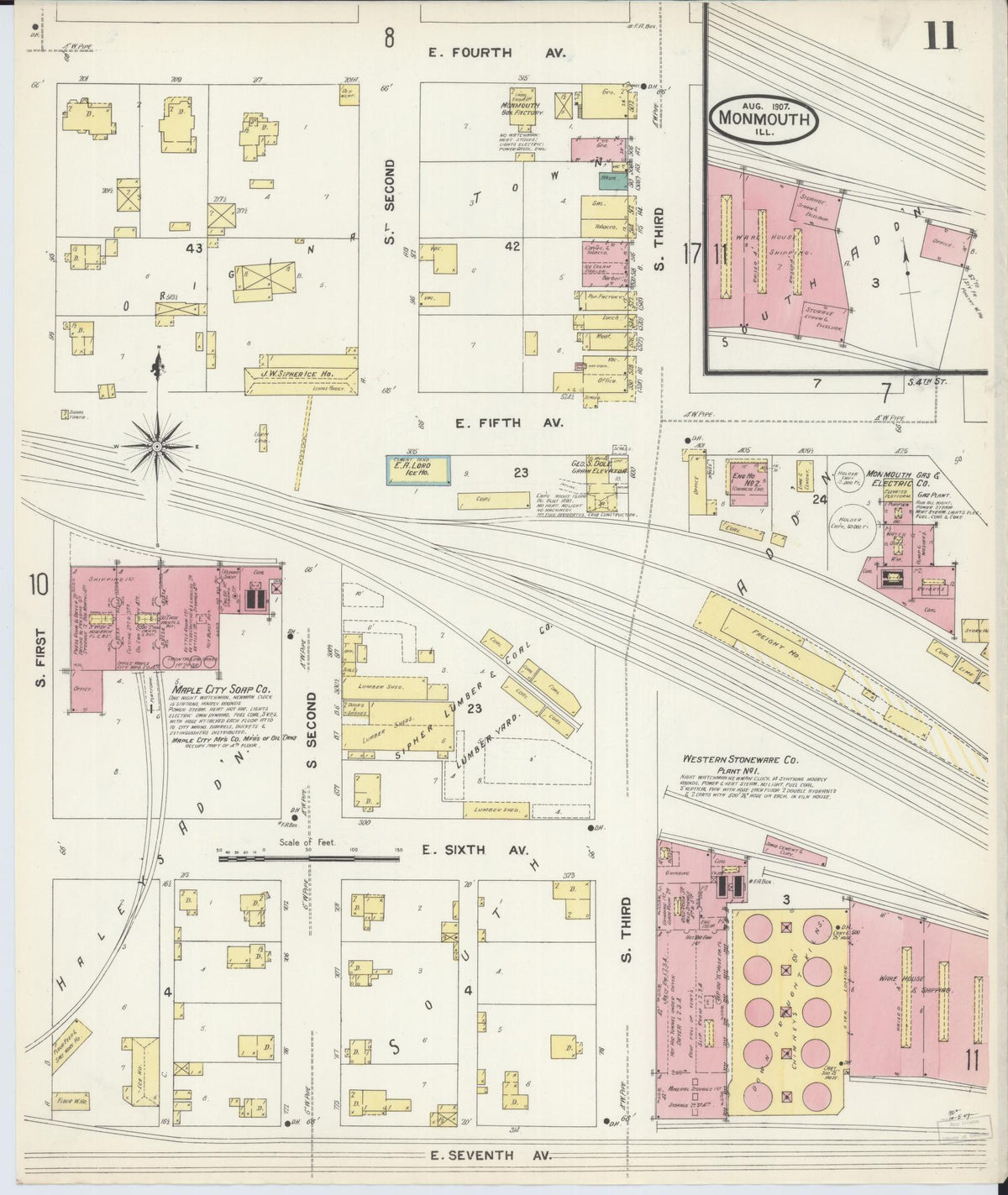 Sanborn Fire Insurance Map from Monmouth, Warren County, Illinois (1907), Sheet #0011 - Historic Sanborn Fire Insurance Map Print, vintage old map wall art, antique decor, genealogy gift, Illinois Illinois map