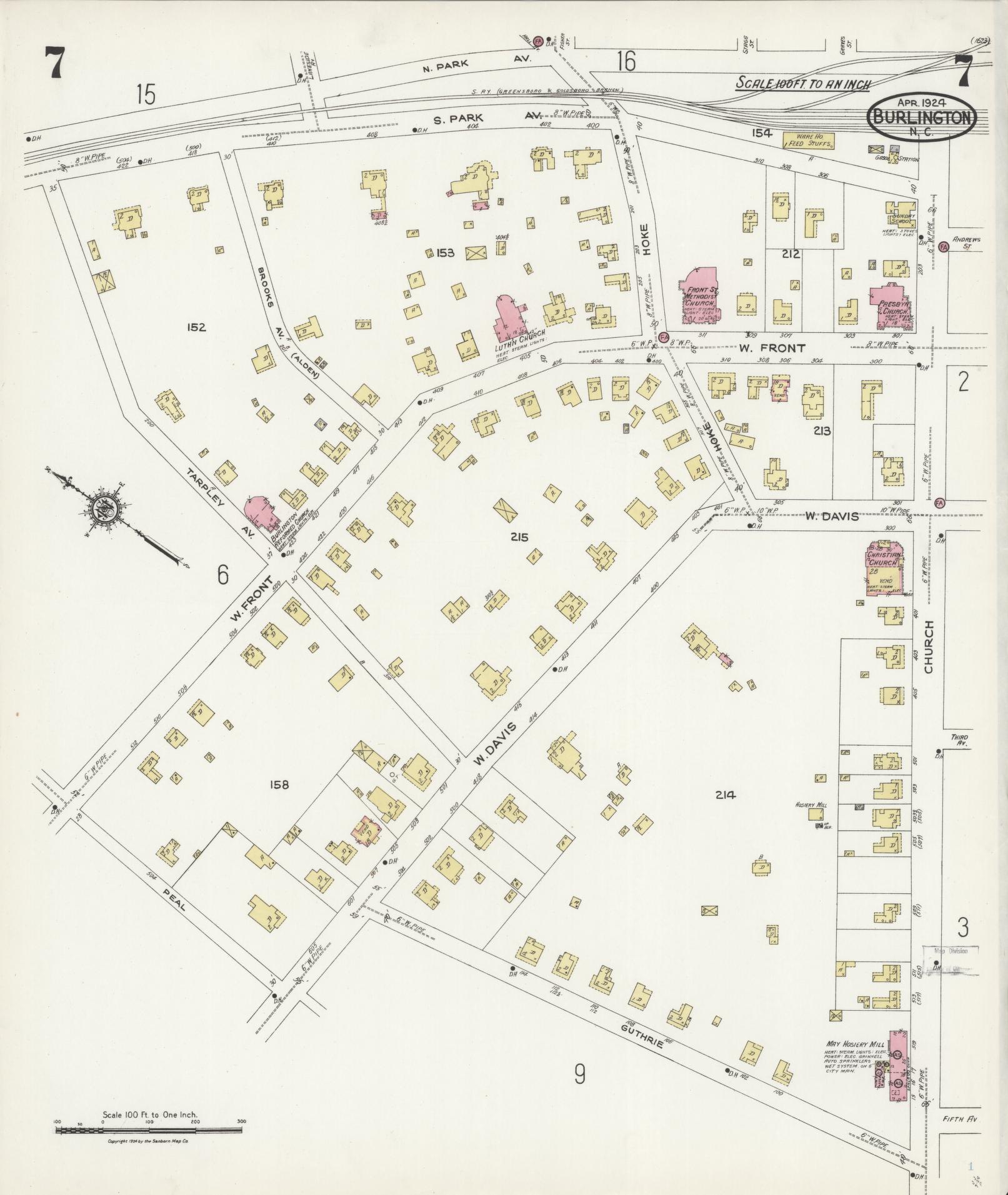 Sanborn Fire Insurance Map from Burlington, Alamance County, North Carolina (1924), Sheet #0007 - Complete Map Set gallery image, historic Sanborn map, vintage wall art, North Carolina North Carolina