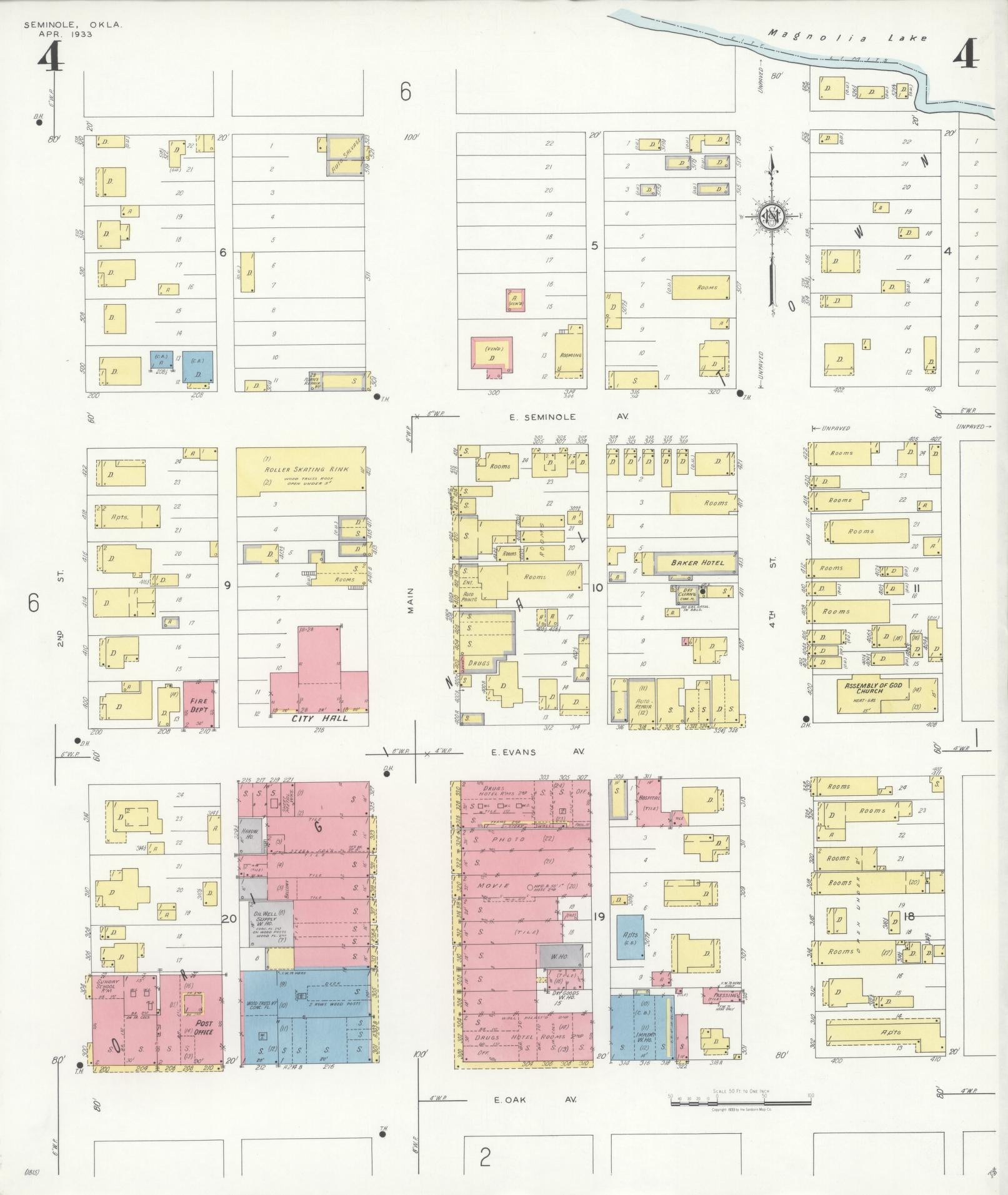 Sanborn Fire Insurance Map from Seminole, Seminole County, Oklahoma (1933), Sheet #0004 - Complete Map Set gallery image, historic Sanborn map, vintage wall art, Oklahoma Oklahoma