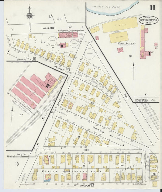 Sanborn Fire Insurance Map from Benton Harbor, Berrien County, Michigan (1917), Sheet #0011 - Historic Sanborn Fire Insurance Map Print, vintage old map wall art, antique decor, genealogy gift, Michigan Michigan map