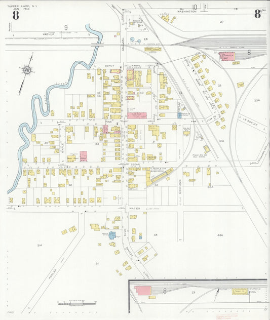 Sanborn Fire Insurance Map from Tupper Lake, Franklin County, New York (1934), Sheet #0008 - Historic Sanborn Fire Insurance Map Print, vintage old map wall art, antique decor, genealogy gift, New York New York map