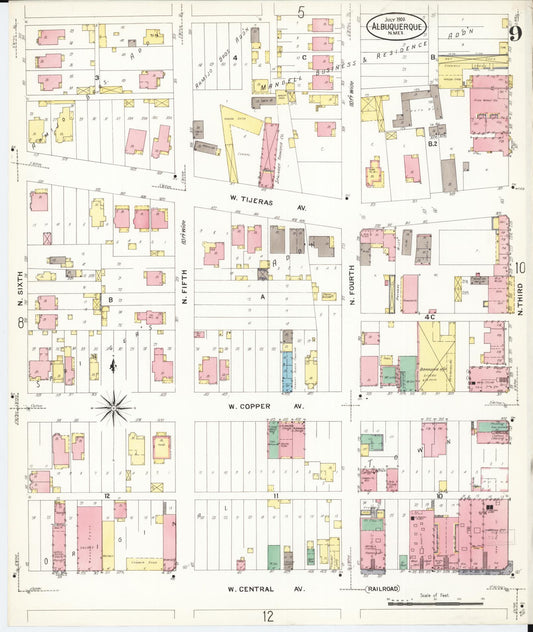 Sanborn Fire Insurance Map from Albuquerque, Bernalillo County, New Mexico (1908), Sheet #0009 - Historic Sanborn Fire Insurance Map Print, vintage old map wall art, antique decor, genealogy gift, New Mexico New Mexico map