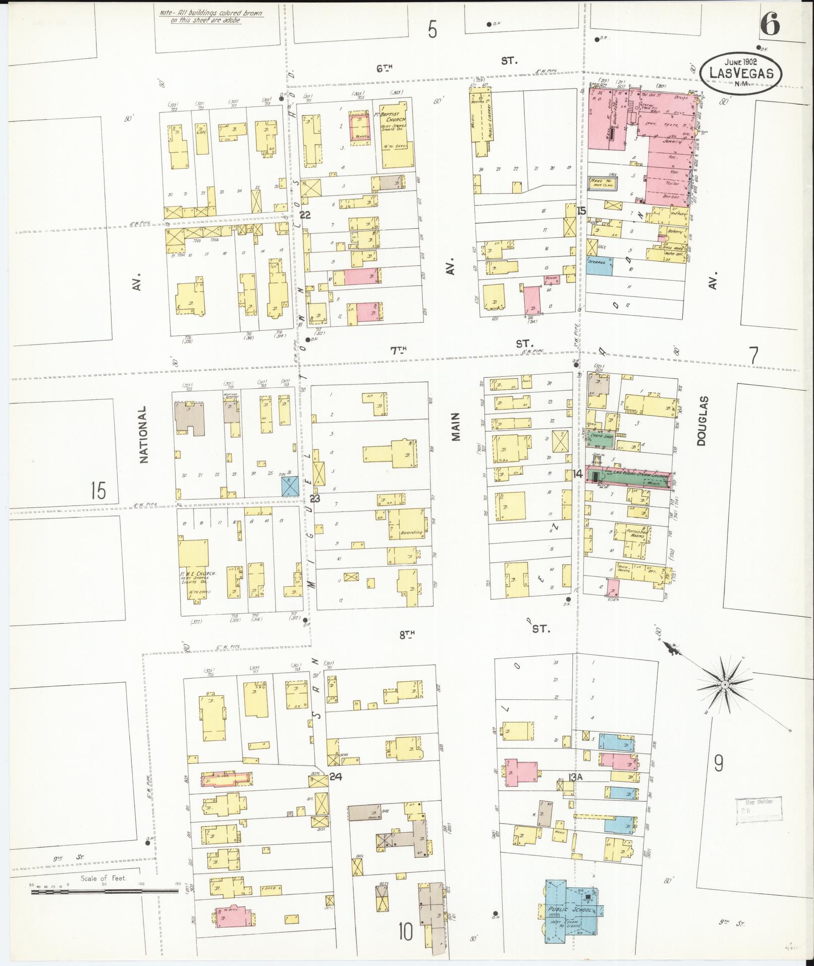 Sanborn Fire Insurance Map from Las Vegas, San Miguel County, New Mexico (1902), Sheet #0006 - Historic Sanborn Fire Insurance Map Print, vintage old map wall art, antique decor, genealogy gift, New Mexico New Mexico map