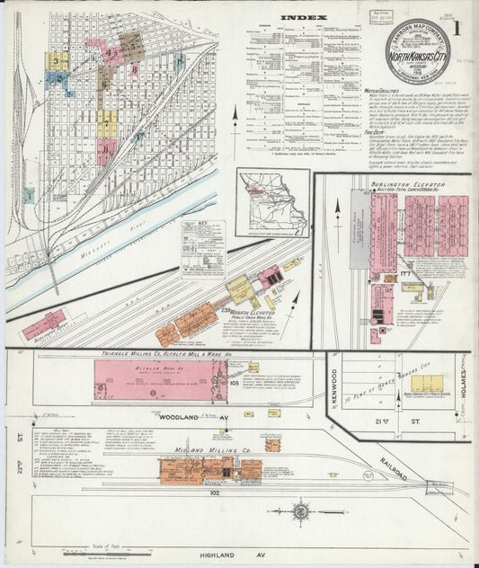 Sanborn Fire Insurance Map from North Kansas City, Clay County, Missouri (1918), Sheet #0001 - Complete Map Set gallery image, historic Sanborn map, vintage wall art, Kansas Kansas