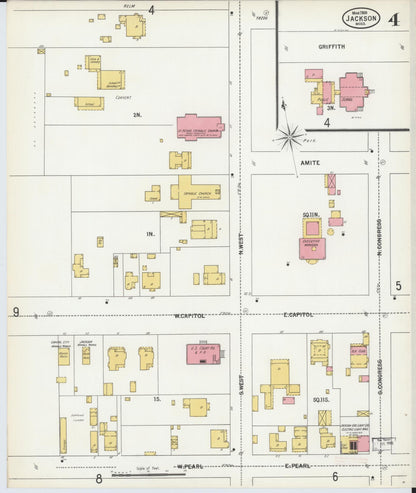 Sanborn Fire Insurance Map from Jackson, Hinds County, Mississippi (1900), Sheet #0004 - Complete Map Set gallery image, historic Sanborn map, vintage wall art, Mississippi Mississippi