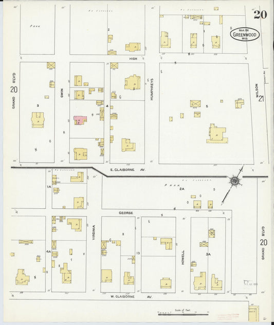 Sanborn Fire Insurance Map from Greenwood, Leflore County, Mississippi (1911), Sheet #0020 - Historic Sanborn Fire Insurance Map Print, vintage old map wall art, antique decor, genealogy gift, Mississippi Mississippi map