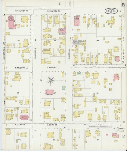 Sanborn Fire Insurance Map from Raleigh, Wake County, North Carolina (1896), Sheet #0006 - Historic Sanborn Fire Insurance Map Print, vintage old map wall art, antique decor, genealogy gift, North Carolina North Carolina map
