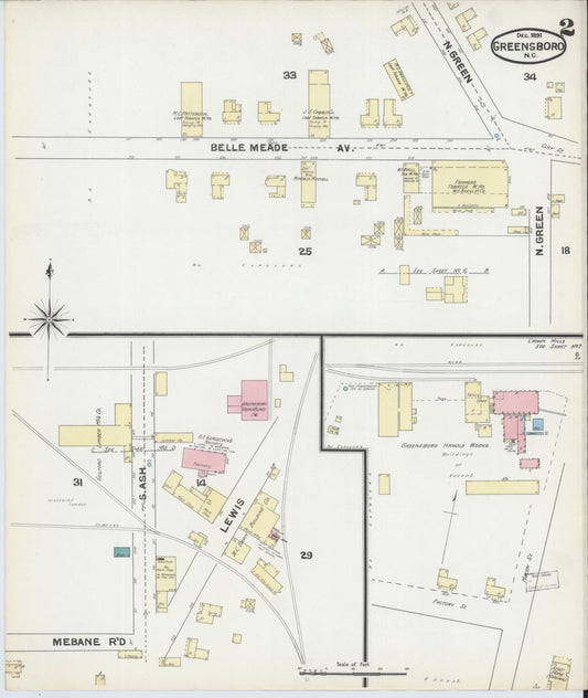 Sanborn Fire Insurance Map from Greensboro, Guilford County, North Carolina (1891), Sheet #0002 - Historic Sanborn Fire Insurance Map Print, vintage old map wall art, antique decor, genealogy gift, North Carolina North Carolina map