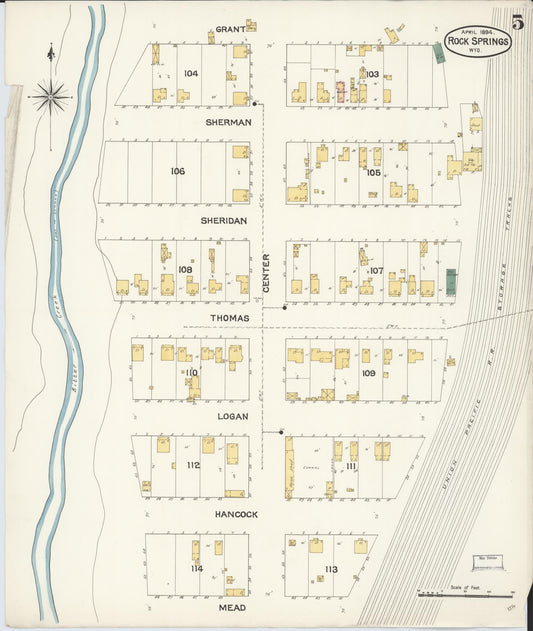 Sanborn Fire Insurance Map from Rock Springs, Sweetwater County, Wyoming (1894), Sheet #0005 - Historic Sanborn Fire Insurance Map Print, vintage old map wall art, antique decor, genealogy gift, Wyoming Wyoming map