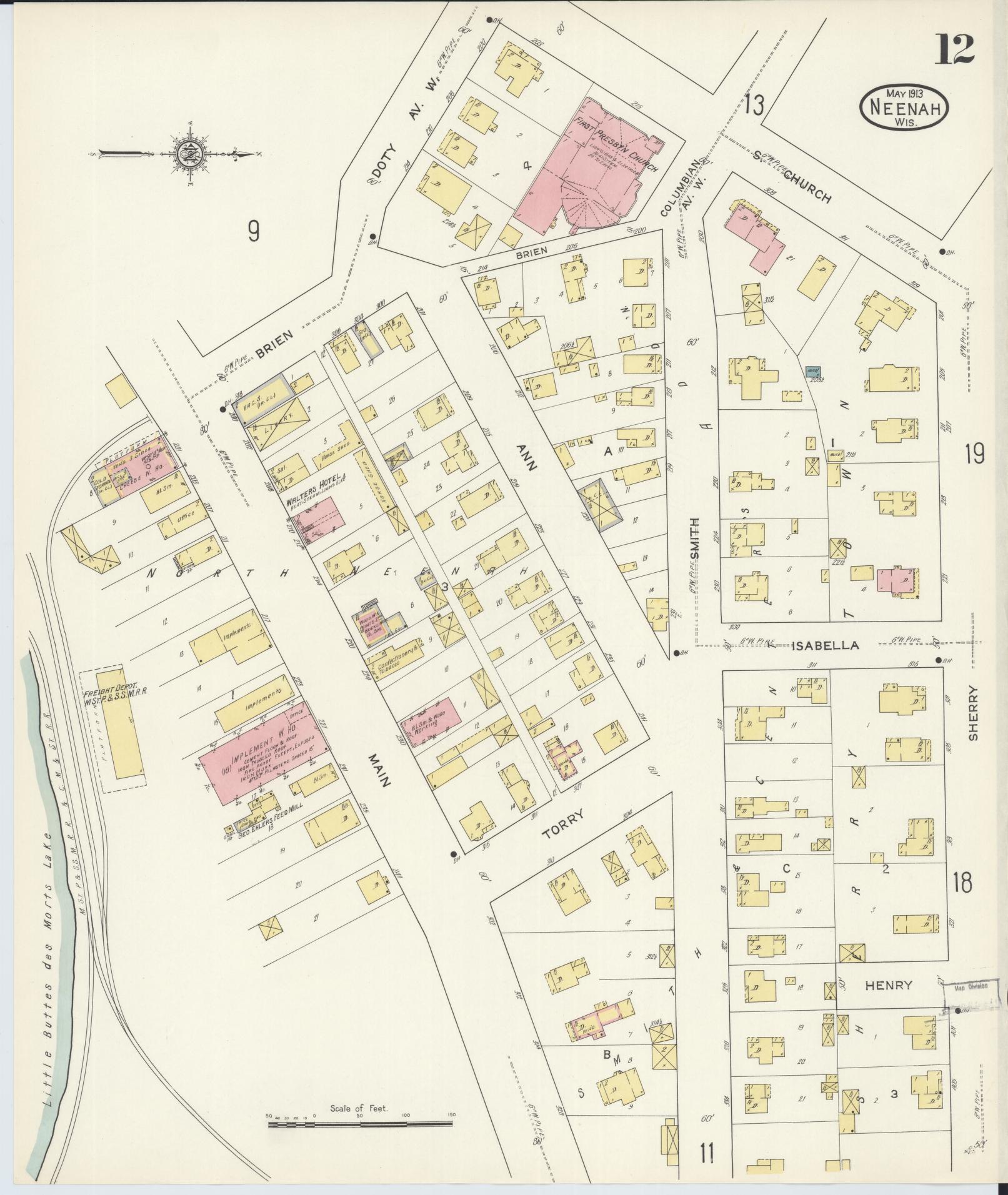 Sanborn Fire Insurance Map from Neenah, Winnebago County, Wisconsin (1913), Sheet #0012 - Complete Map Set gallery image, historic Sanborn map, vintage wall art, Wisconsin Wisconsin
