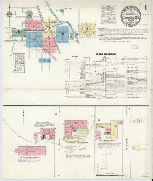 Sanborn Fire Insurance Map from Cambridge City, Wayne County, Indiana (1913), Sheet #0001 - Complete Map Set gallery image, historic Sanborn map, vintage wall art, Indiana Indiana