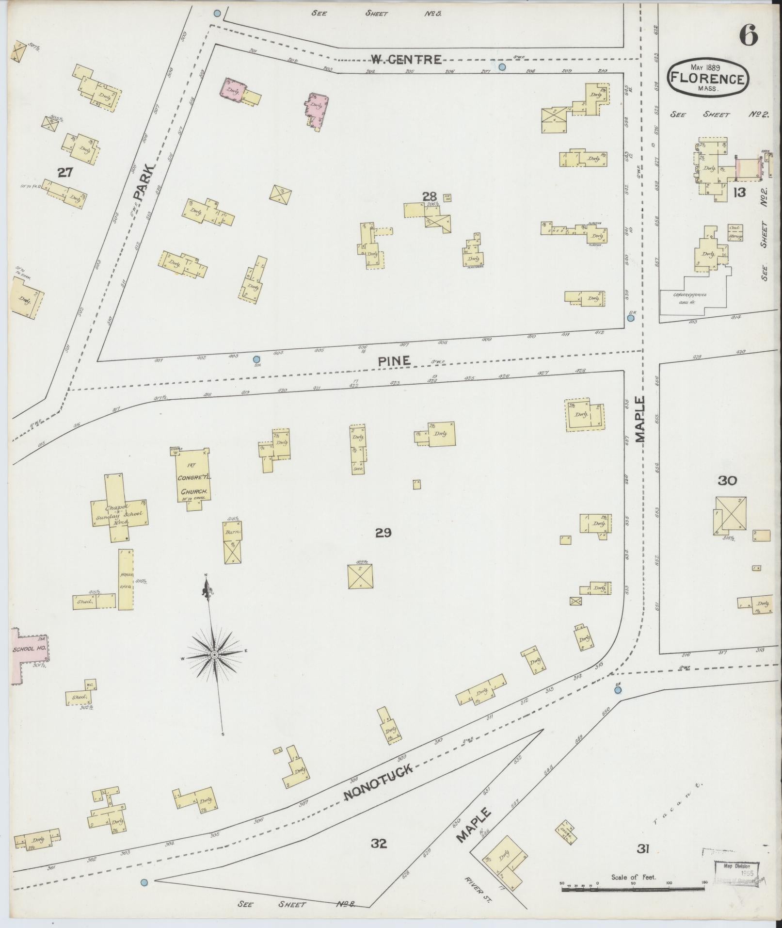 Sanborn Fire Insurance Map from Florence, Hampshire County, Massachusetts (1889), Sheet #0006 - Complete Map Set gallery image, historic Sanborn map, vintage wall art, Massachusetts Massachusetts