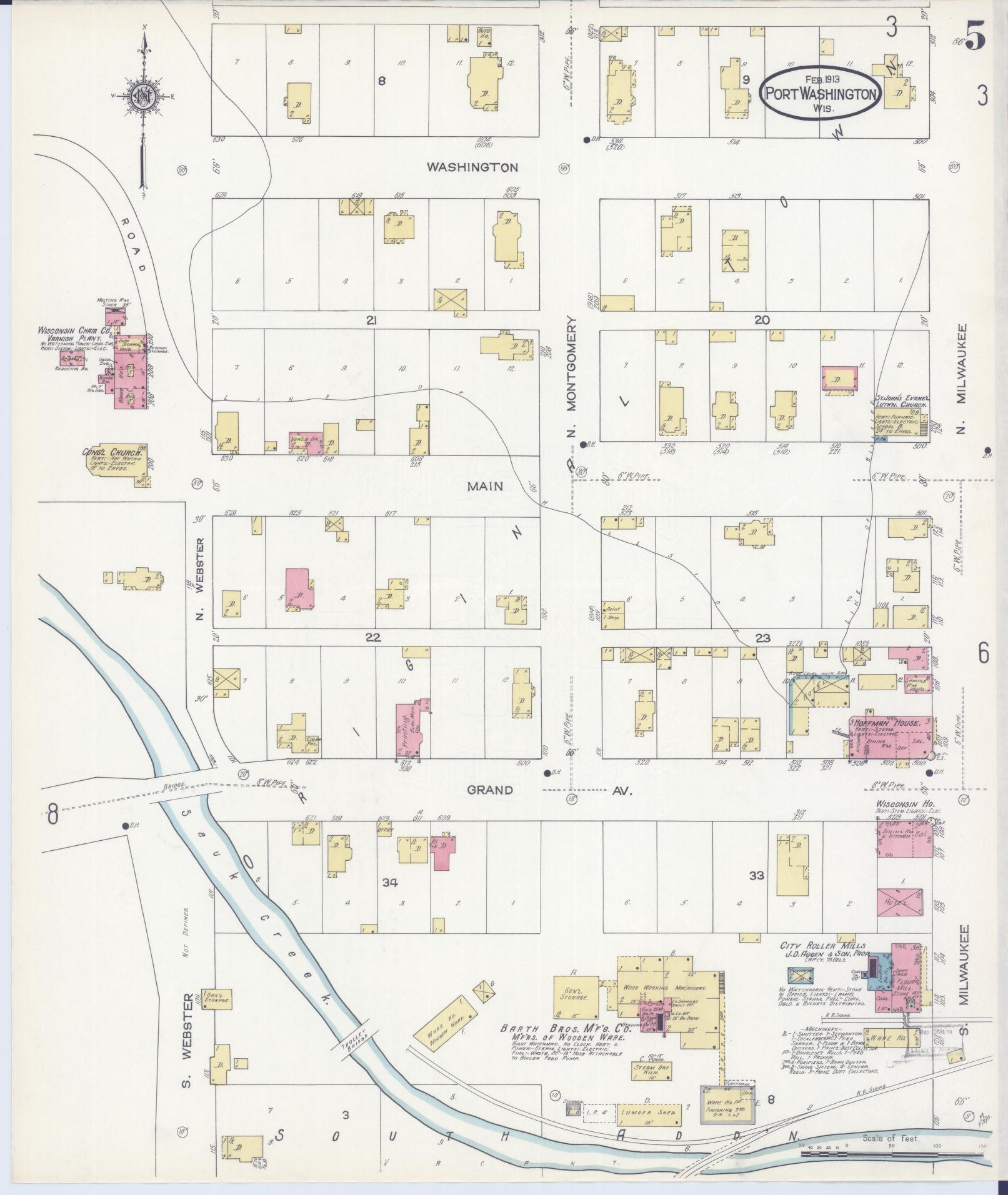 Sanborn Fire Insurance Map from Port Washington, Ozaukee County, Wisconsin (1913), Sheet #0005 - Historic Sanborn Fire Insurance Map Print, vintage old map wall art, antique decor, genealogy gift, Wisconsin Wisconsin map