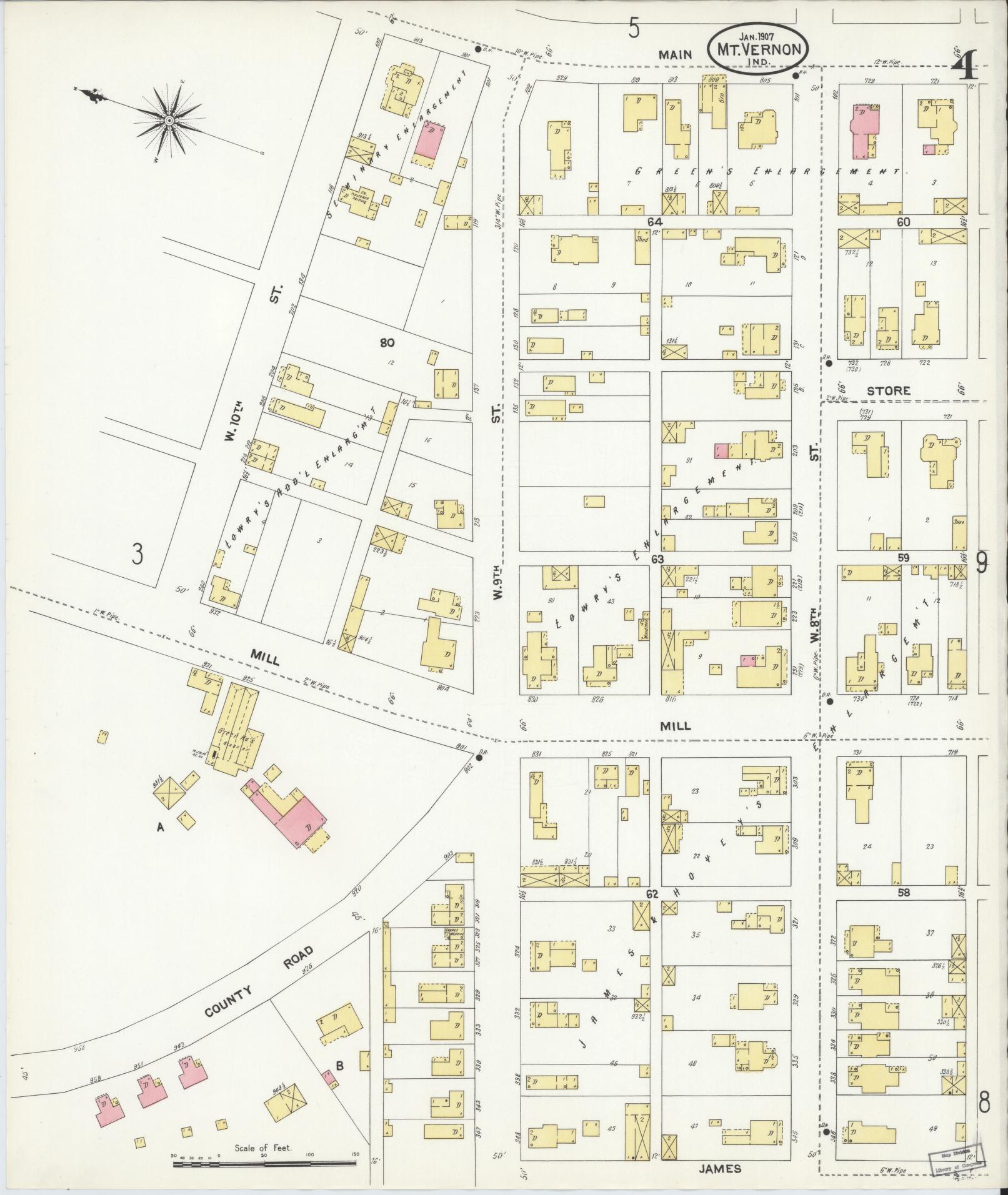 Sanborn Fire Insurance Map from Mount Vernon, Posey County, Indiana (1907), Sheet #0004 - Historic Sanborn Fire Insurance Map Print, vintage old map wall art, antique decor, genealogy gift, Indiana Indiana map