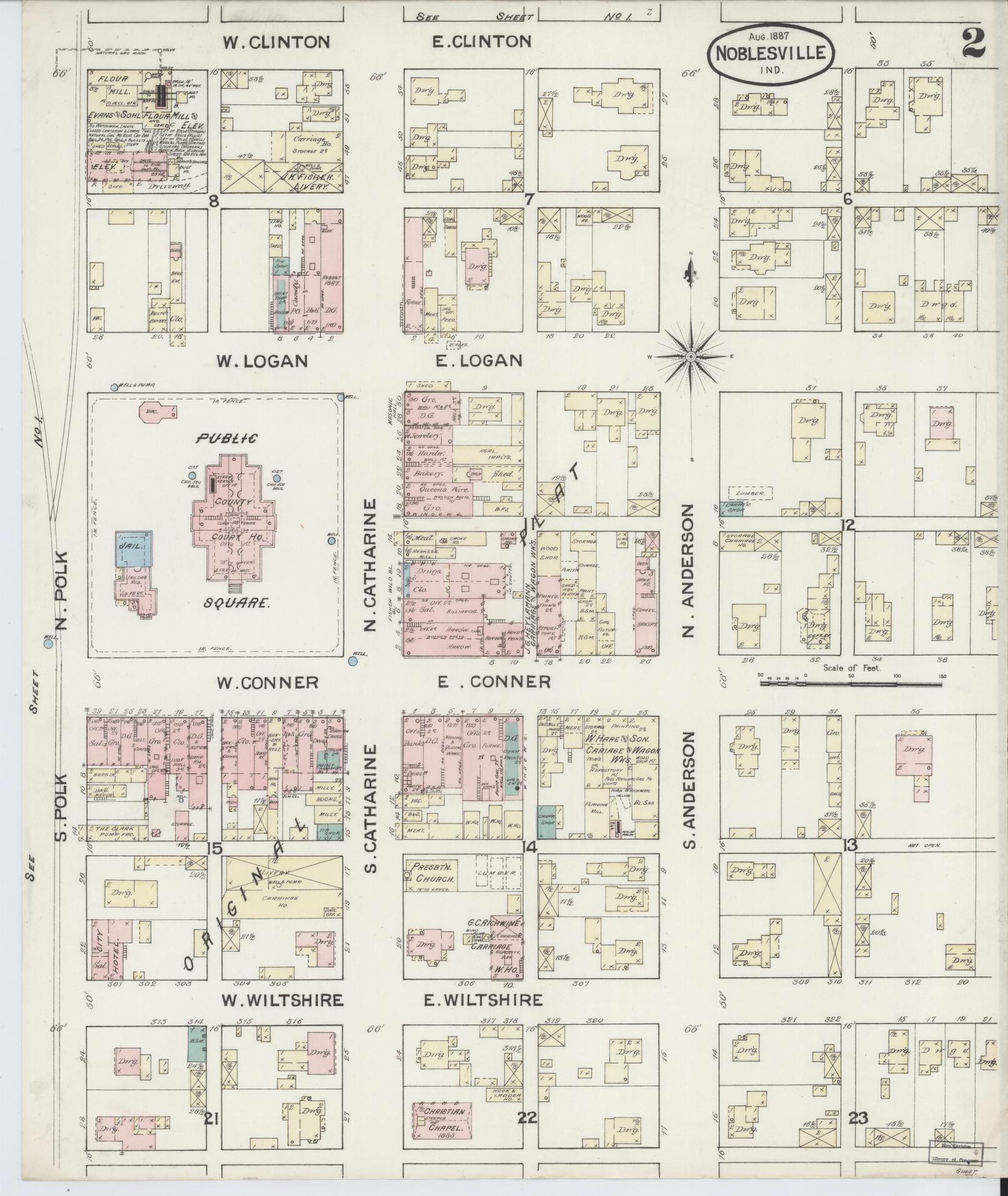 Sanborn Fire Insurance Map from Noblesville, Hamilton County, Indiana (1887), Sheet #0002 - Complete Map Set gallery image, historic Sanborn map, vintage wall art, Indiana Indiana