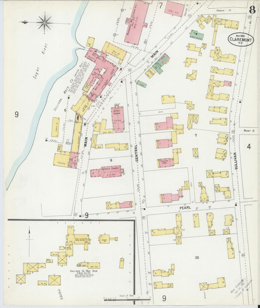 Sanborn Fire Insurance Map from Claremont, Sullivan County, New Hampshire (1899), Sheet #0008 - Historic Sanborn Fire Insurance Map Print, vintage old map wall art, antique decor, genealogy gift, New Hampshire New Hampshire map