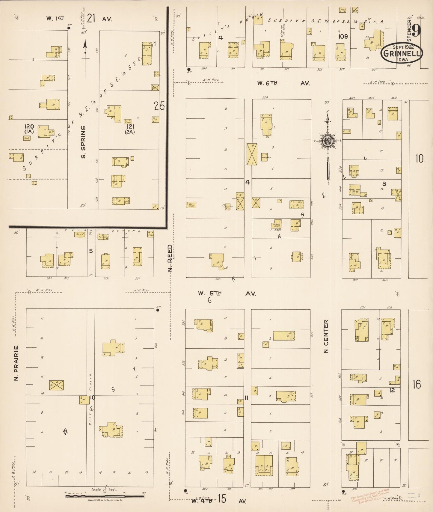 Sanborn Fire Insurance Map from Grinnell, Poweshiek County, Iowa (1922), Sheet #0009 - Historic Sanborn Fire Insurance Map Print, vintage old map wall art