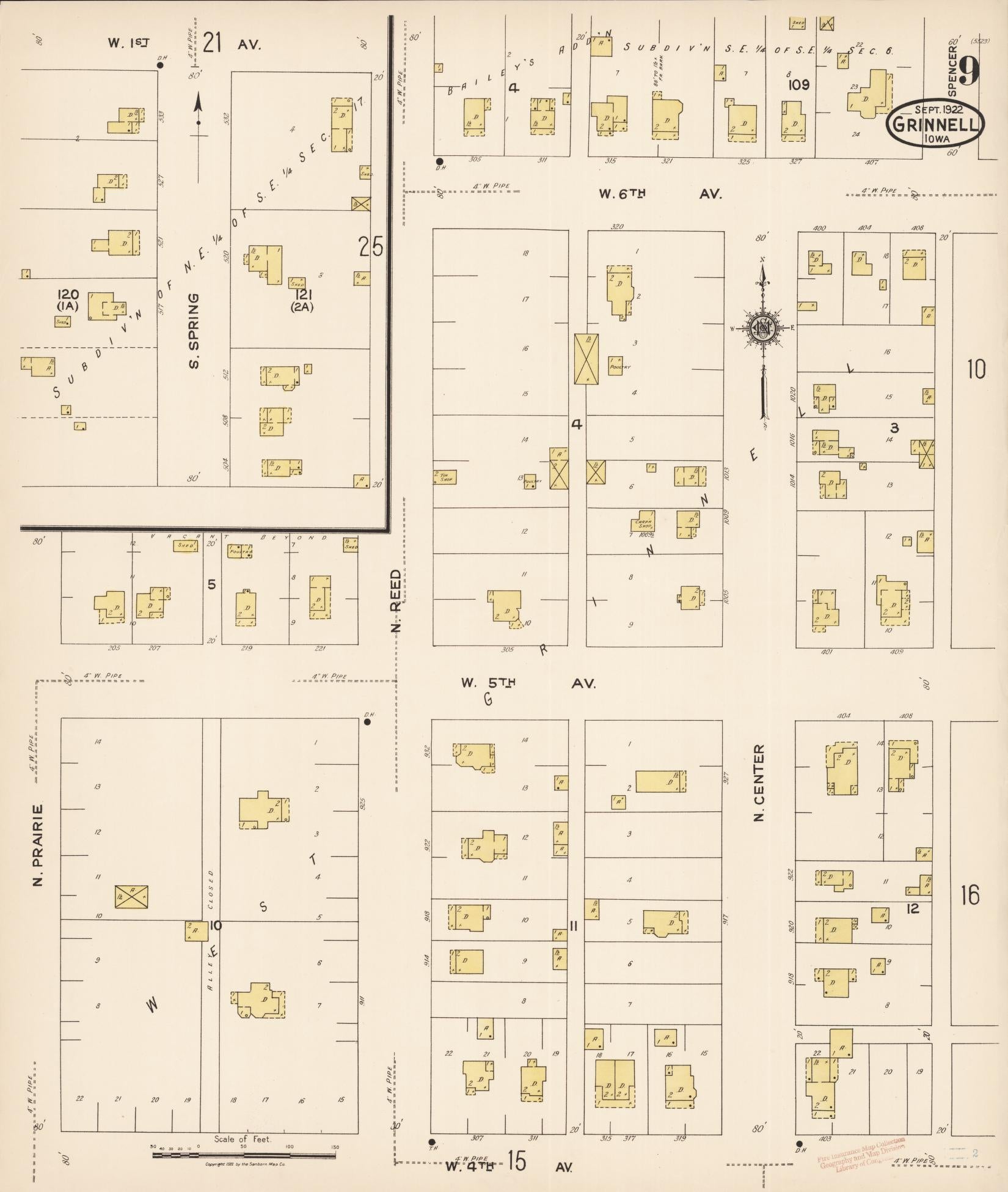 Sanborn Fire Insurance Map from Grinnell, Poweshiek County, Iowa (1922), Sheet #0009 - Historic Sanborn Fire Insurance Map Print, vintage old map wall art