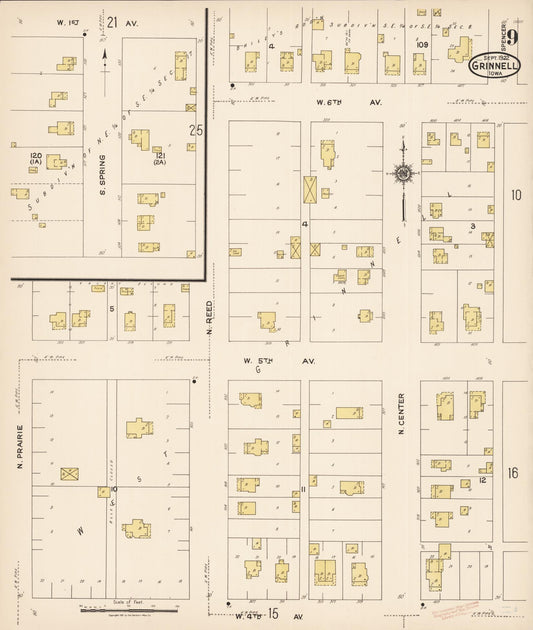 Sanborn Fire Insurance Map from Grinnell, Poweshiek County, Iowa (1922), Sheet #0009 - Historic Sanborn Fire Insurance Map Print, vintage old map wall art