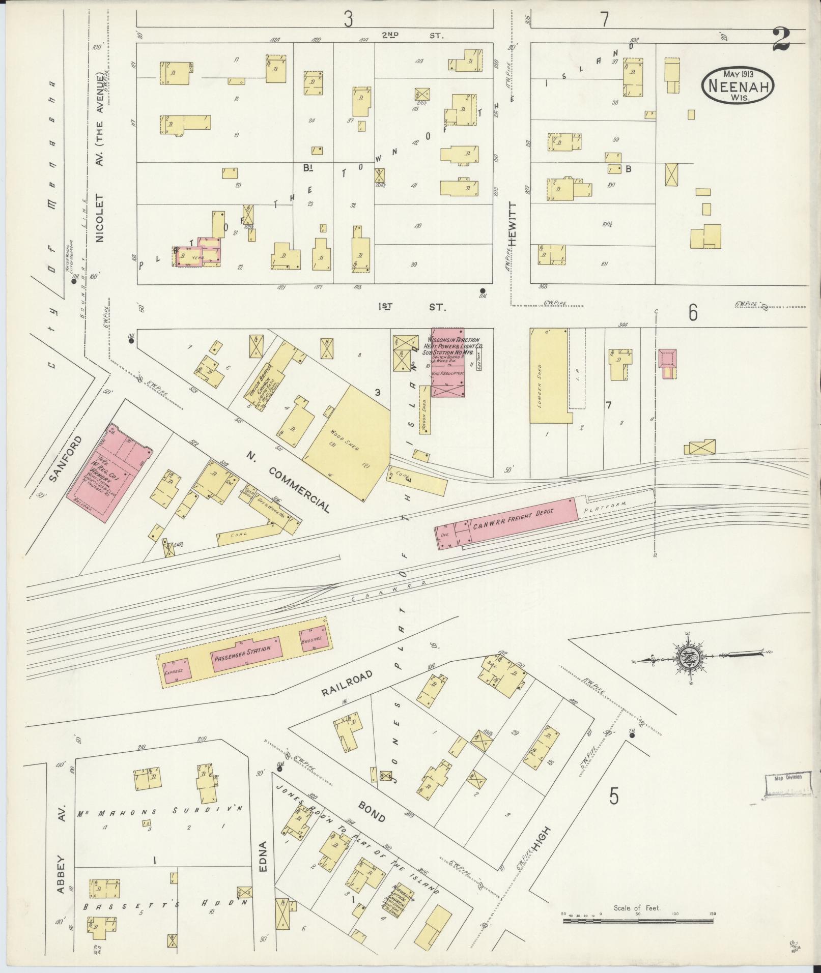 Sanborn Fire Insurance Map from Neenah, Winnebago County, Wisconsin (1913), Sheet #0002 - Complete Map Set gallery image, historic Sanborn map, vintage wall art, Wisconsin Wisconsin