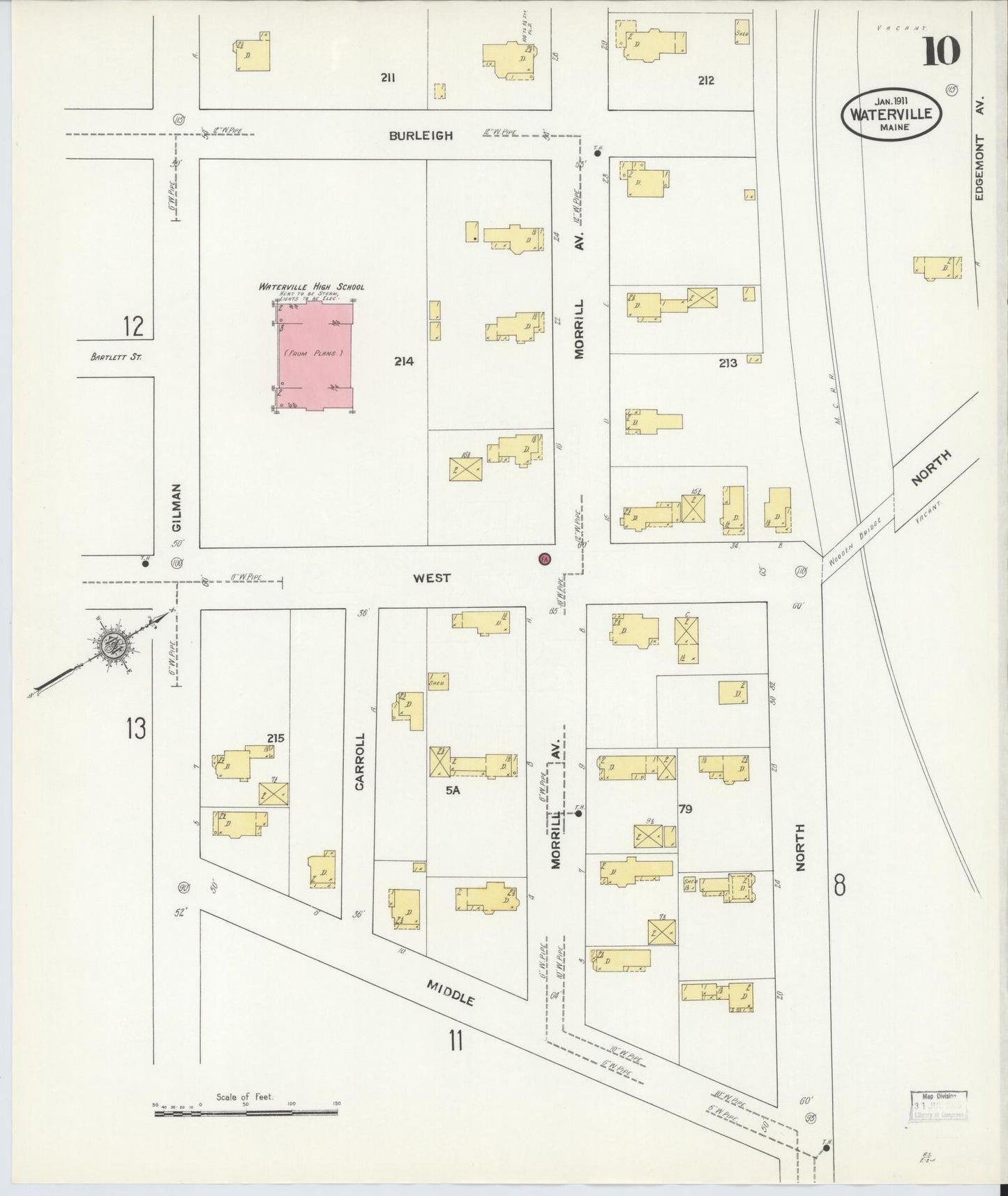 Sanborn Fire Insurance Map from Waterville, Kennebec County, Maine (1911), Sheet #0010 - Historic Sanborn Fire Insurance Map Print, vintage old map wall art, antique decor, genealogy gift, Maine Maine map