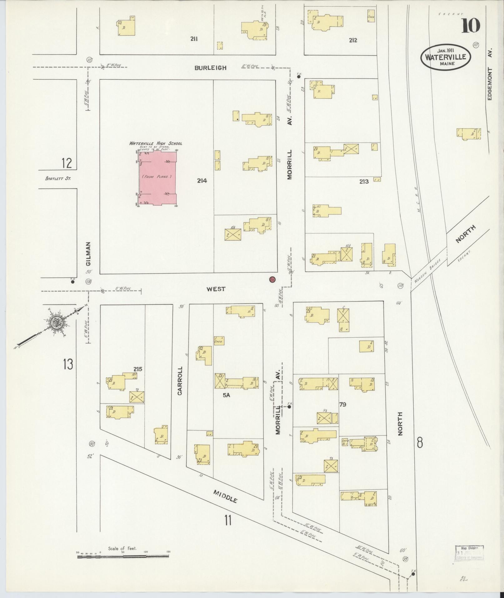 Sanborn Fire Insurance Map from Waterville, Kennebec County, Maine (1911), Sheet #0010 - Historic Sanborn Fire Insurance Map Print, vintage old map wall art, antique decor, genealogy gift, Maine Maine map
