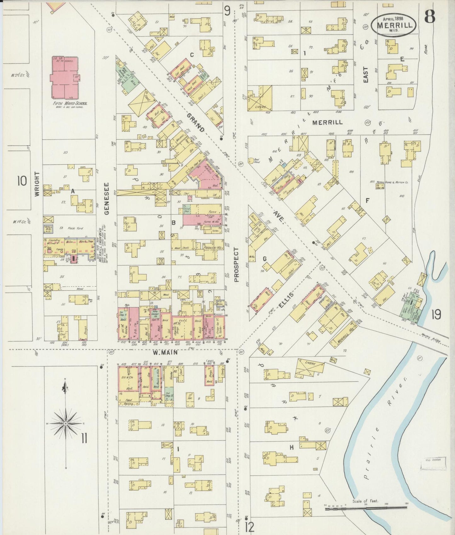 Sanborn Fire Insurance Map from Merrill, Lincoln County, Wisconsin (1898), Sheet #0008 - Complete Map Set gallery image, historic Sanborn map, vintage wall art, Wisconsin Wisconsin
