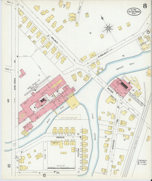 Sanborn Fire Insurance Map from Hyde Park, Norfolk County, Massachusetts (1900), Sheet #0008 - Historic Sanborn Fire Insurance Map Print, vintage old map wall art, antique decor, genealogy gift, Massachusetts Massachusetts map