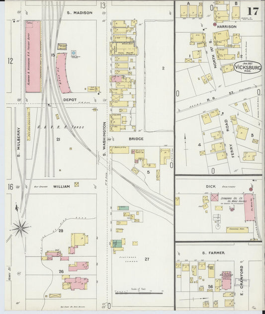 Sanborn Fire Insurance Map from Vicksburg, Warren County, Mississippi (1897), Sheet #0017 - Historic Sanborn Fire Insurance Map Print, vintage old map wall art, antique decor, genealogy gift, Mississippi Mississippi map