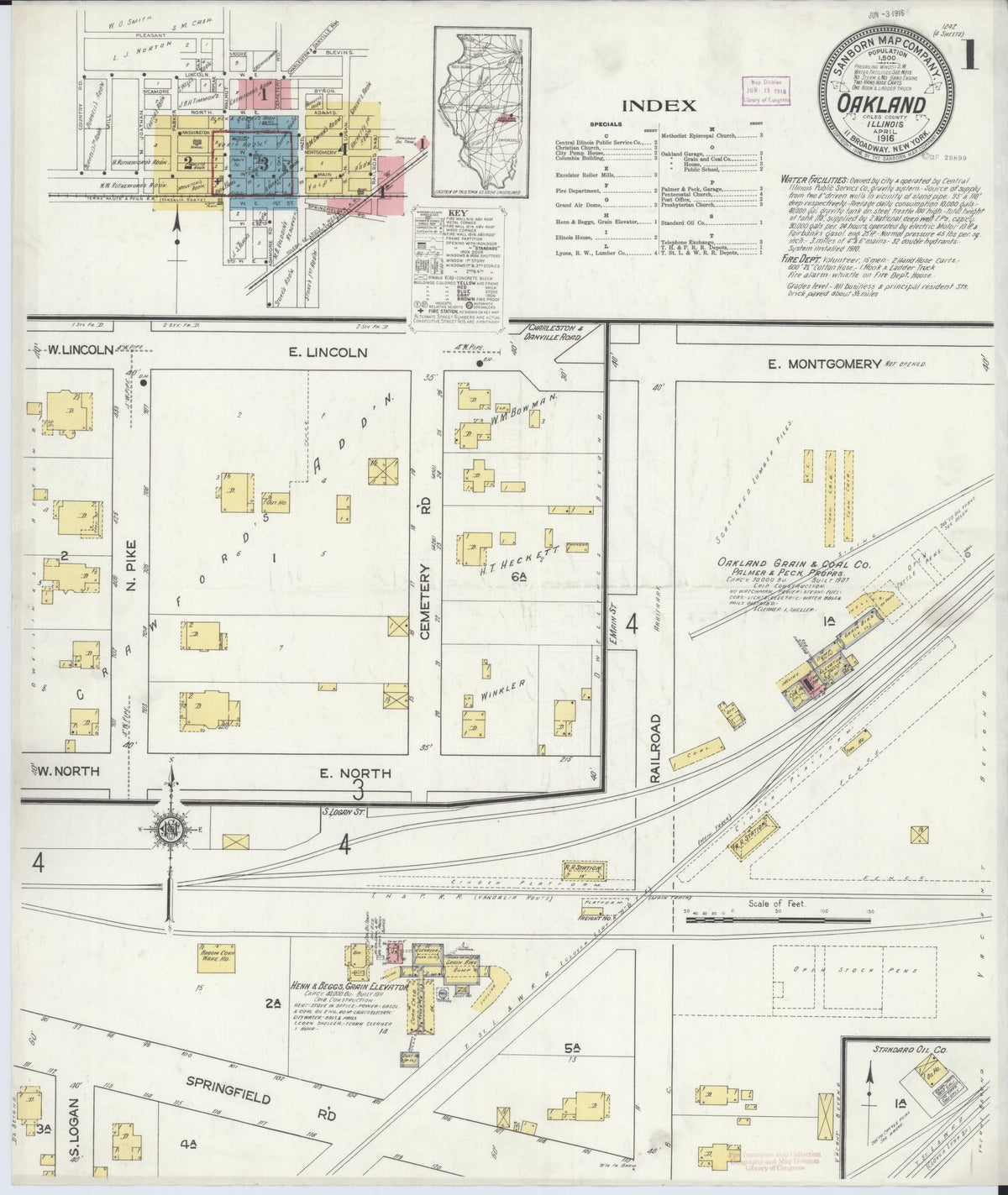 Sanborn Fire Insurance Map from Oakland, Coles County, Illinois (1916), Sheet #0001 - Historic Sanborn Fire Insurance Map Print, vintage old map wall art, antique decor, genealogy gift, Illinois Illinois map