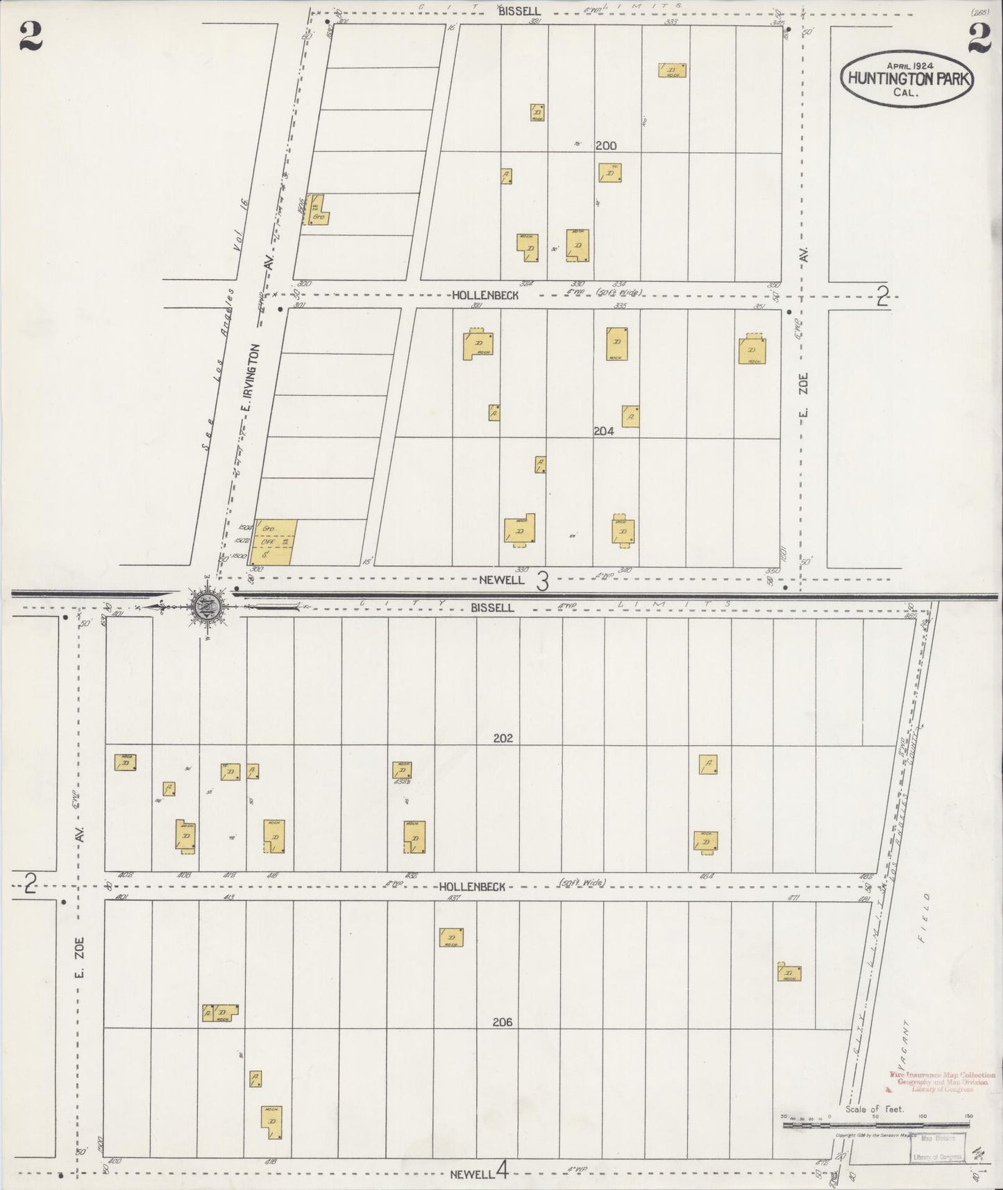 Sanborn Fire Insurance Map from Huntington Park, Los Angeles County, California (1924), Sheet #0002 - Historic Sanborn Fire Insurance Map Print, vintage old map wall art, antique decor, genealogy gift, California California map