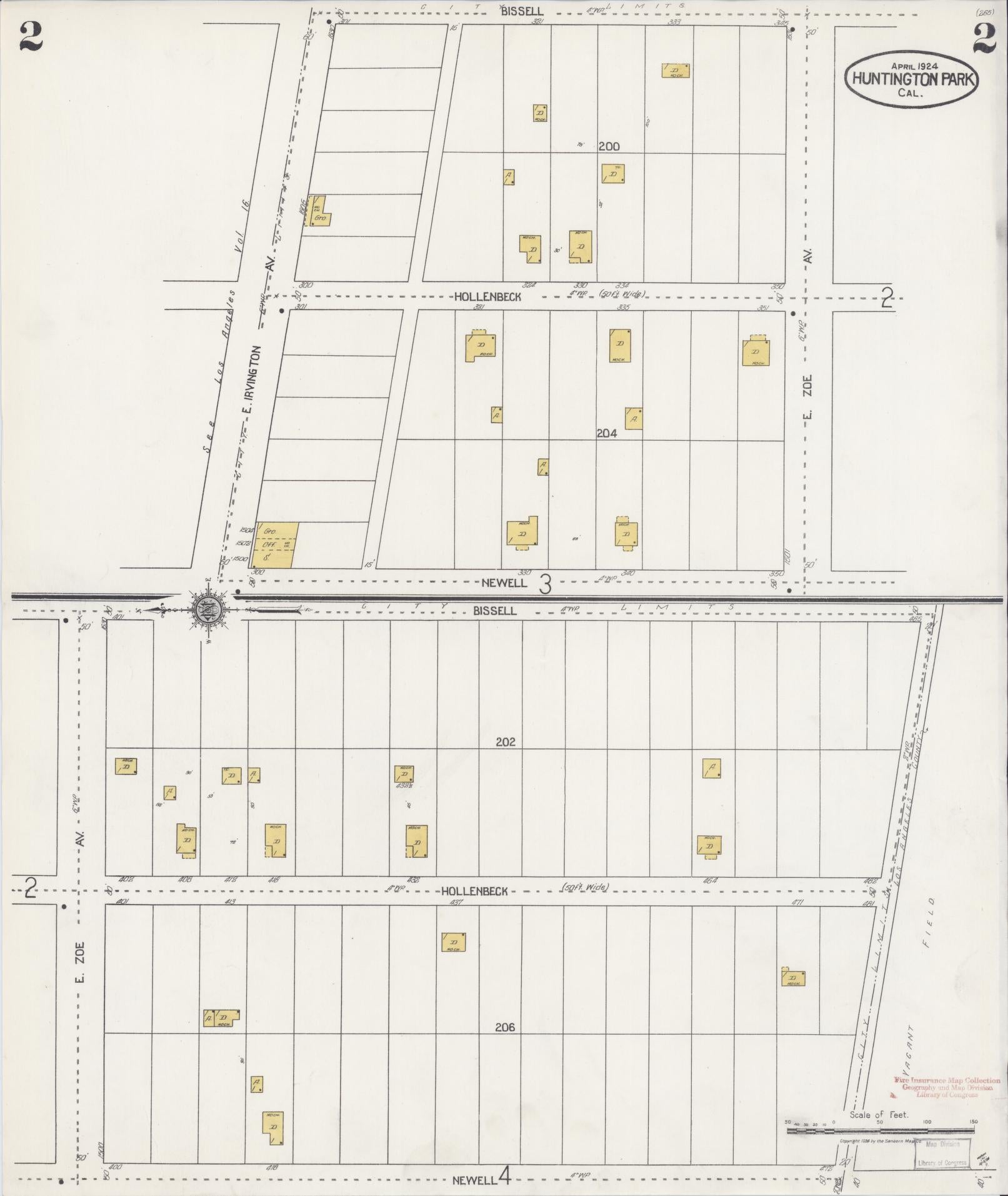 Sanborn Fire Insurance Map from Huntington Park, Los Angeles County, California (1924), Sheet #0002 - Historic Sanborn Fire Insurance Map Print, vintage old map wall art, antique decor, genealogy gift, California California map